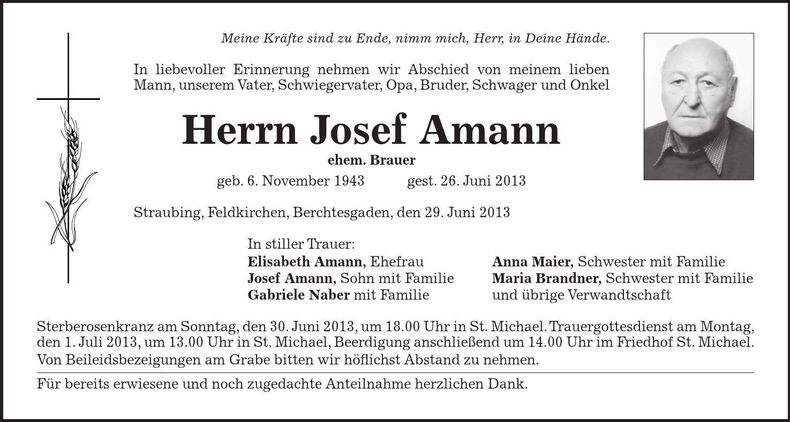 Traueranzeige Josef Amann