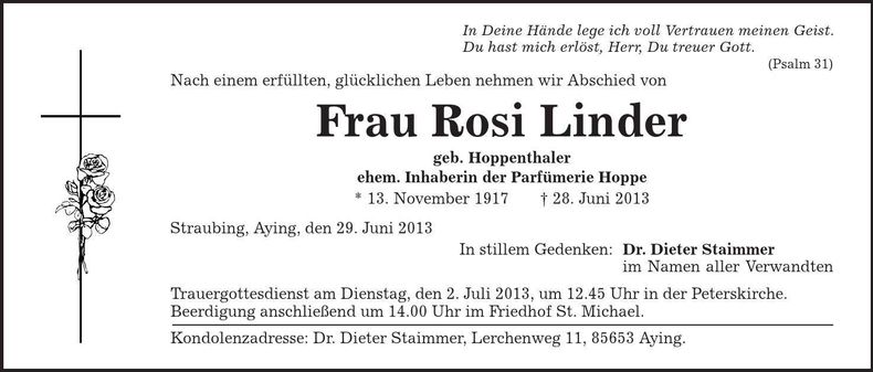 Traueranzeige Rosi Linder