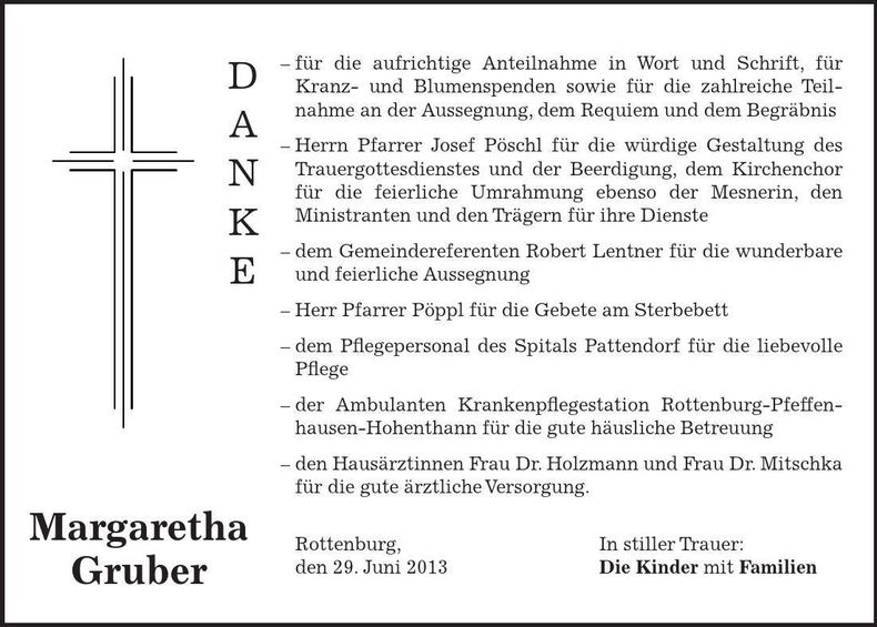 Traueranzeige Margaretha Gruber