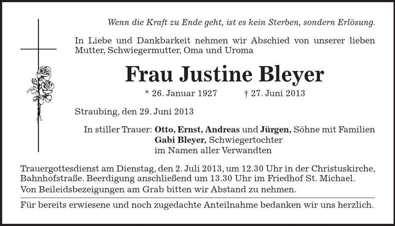 Traueranzeige Justine Bleyer