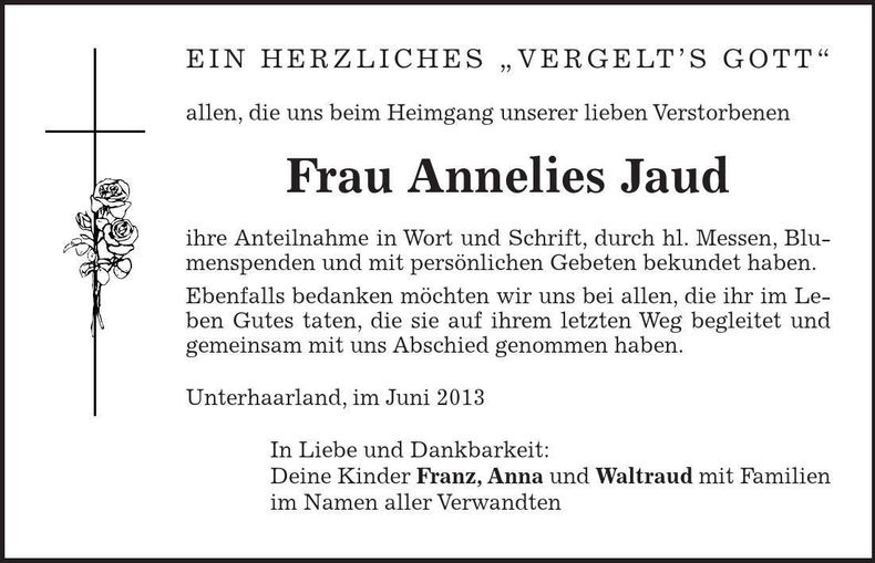 Traueranzeige Annelies Jaud