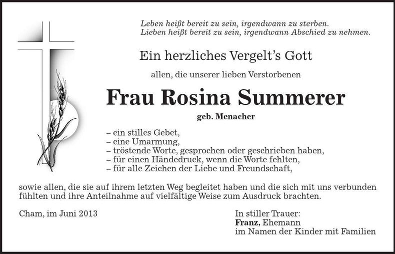 Traueranzeige Rosina Summerer