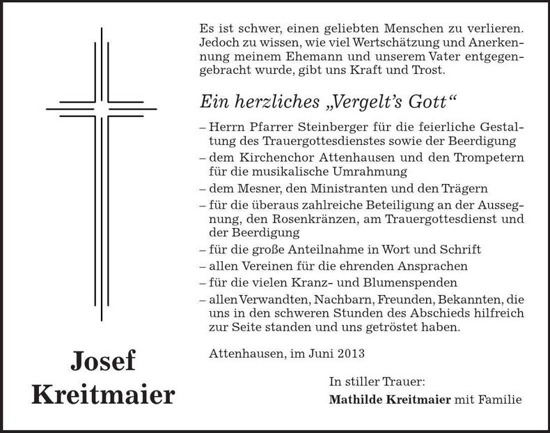 Traueranzeige Josef Kreitmaier