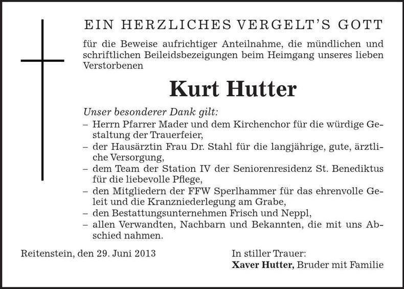 Traueranzeige Kurt Hutter