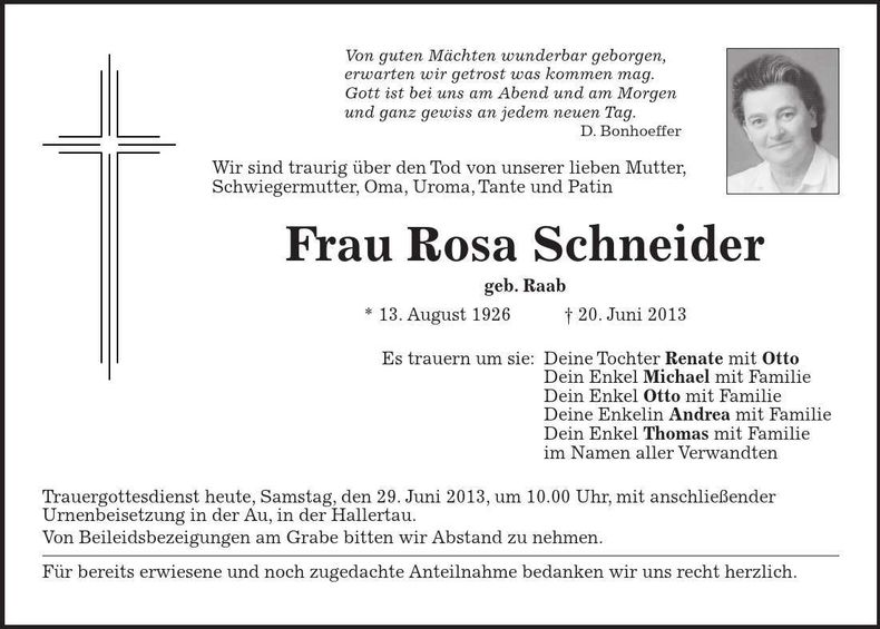 Traueranzeige Rosa Schneider