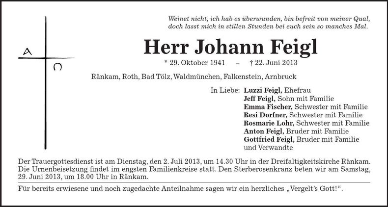 Traueranzeige Johann Feigl