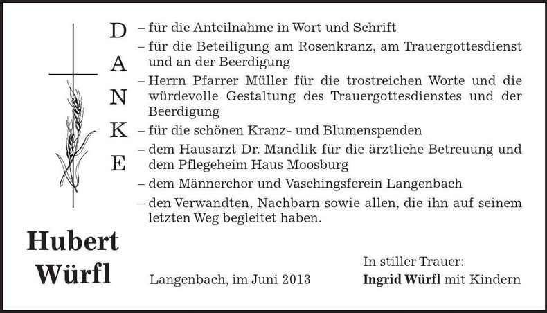 Traueranzeige Hubert Würfl
