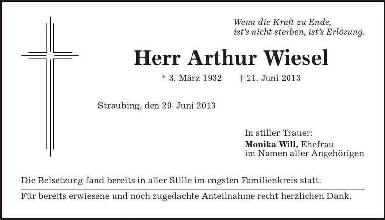 Traueranzeige Arthur Wiesel