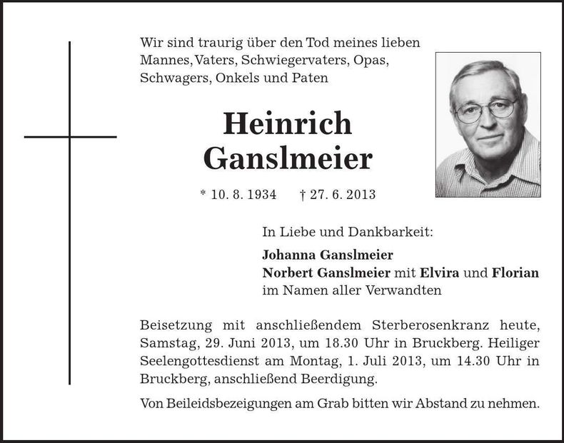 Traueranzeige Heinrich Ganslmeier