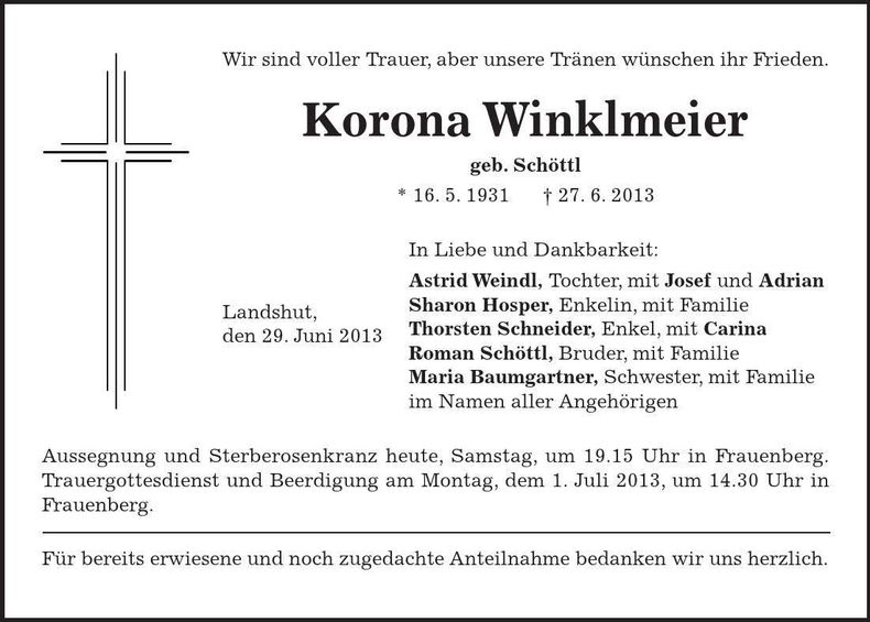 Traueranzeige Korona Winklmeier