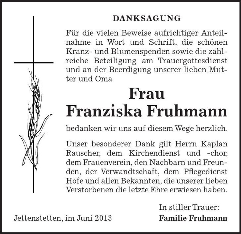 Traueranzeige Franziska Fruhmann