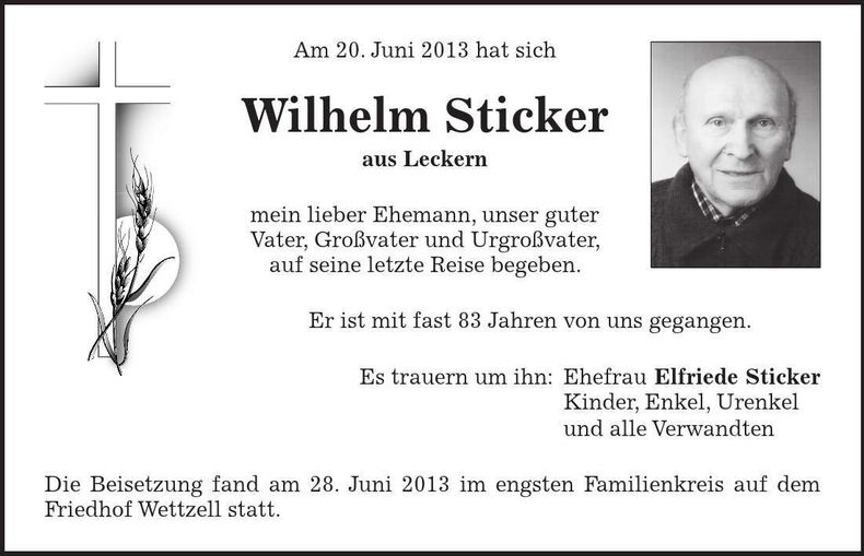 Traueranzeige Wilhelm Sticker