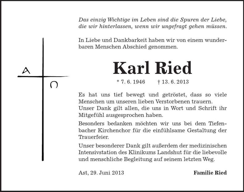 Traueranzeige Karl Ried