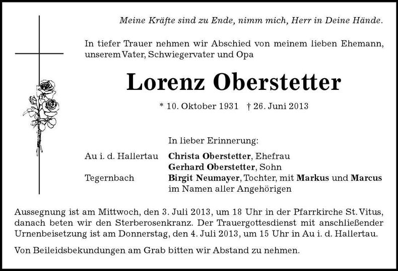 Traueranzeige Lorenz Oberstetter