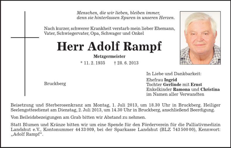 Traueranzeige Adolf Rampf