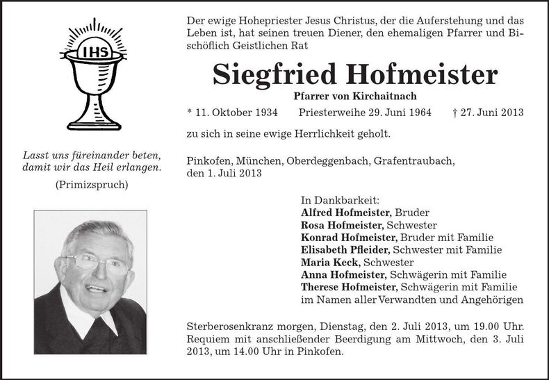 Traueranzeige Siegfried Hofmeister