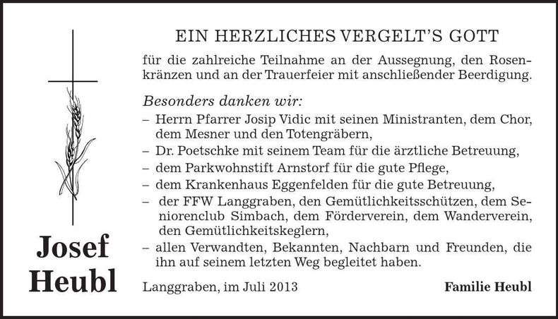 Traueranzeige Josef Heubl