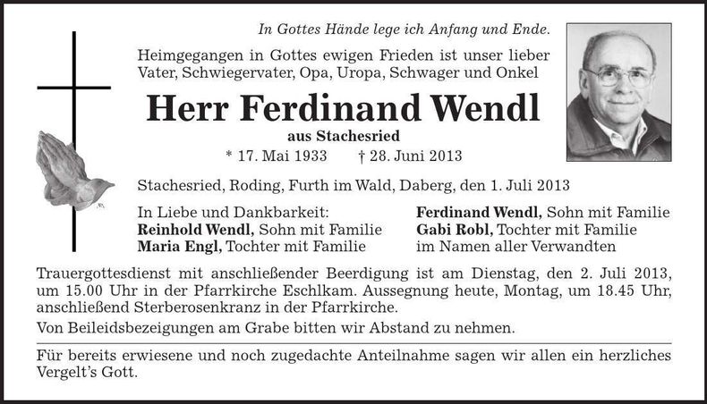 Traueranzeige Ferdinand Wendl