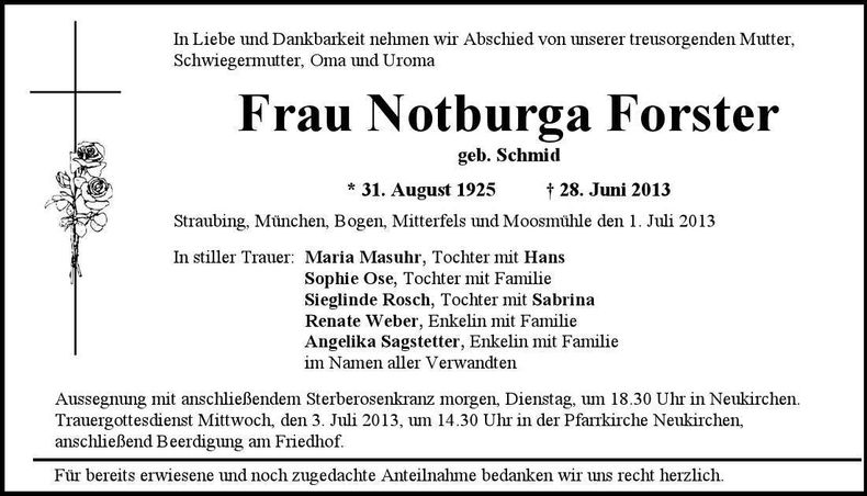 Traueranzeige Notburga Forster