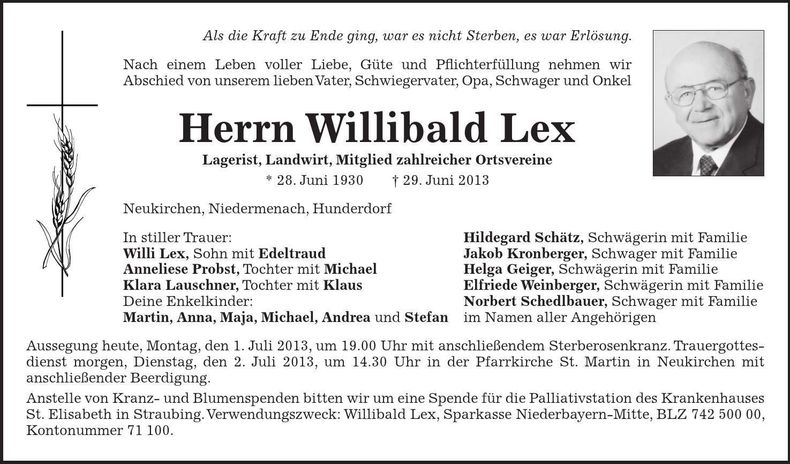 Traueranzeige Willibald Lex