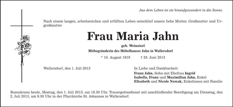 Traueranzeige Maria Jahn