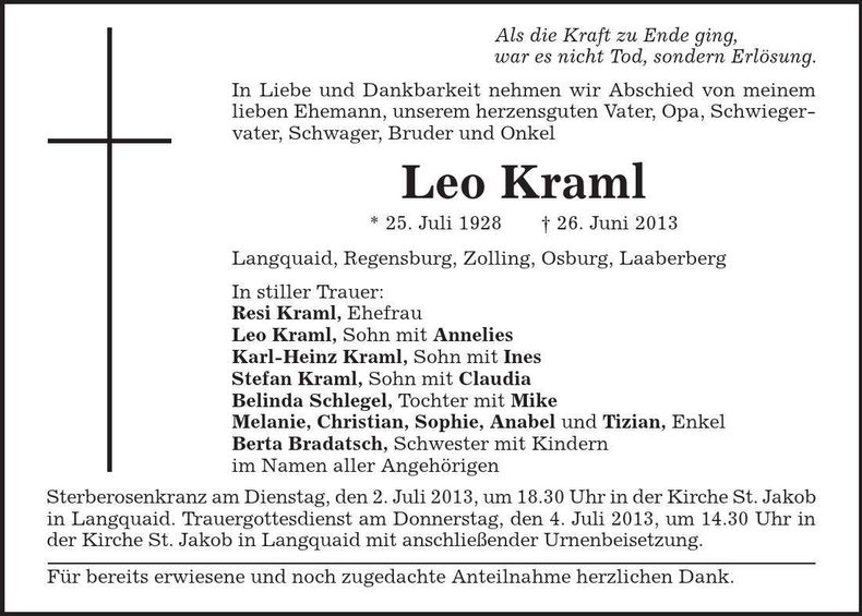 Traueranzeige Leo Kraml
