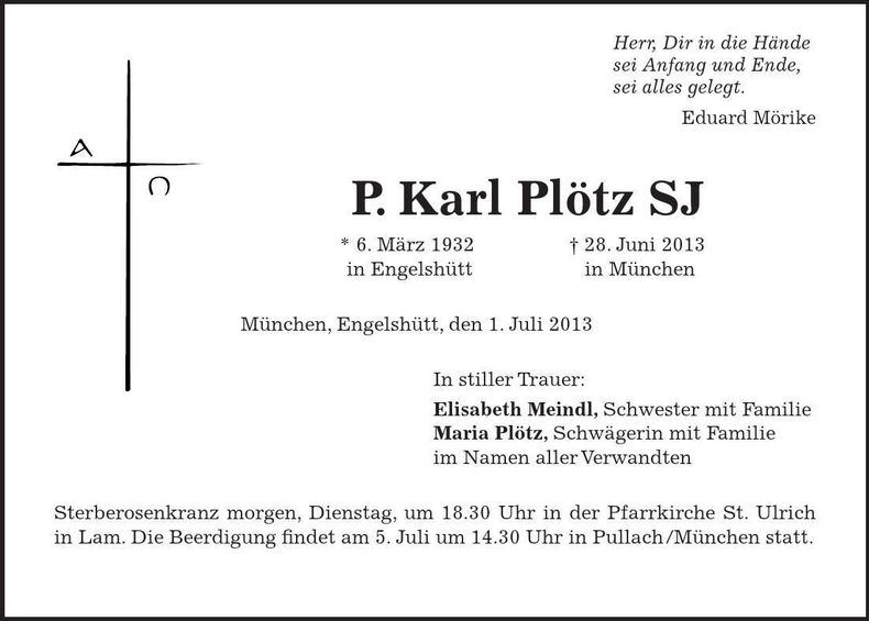 Traueranzeige P. Plötz SJ