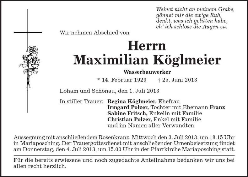 Traueranzeige Maximilian Köglmeier