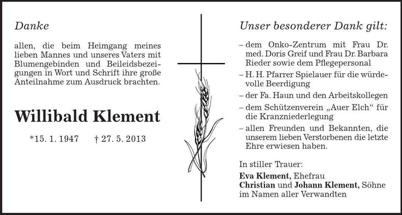 Traueranzeige Willibald Klement