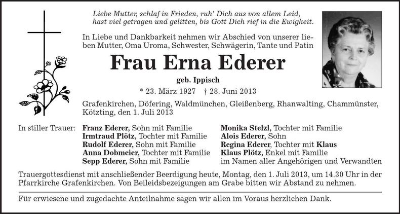 Traueranzeige Erna Ederer