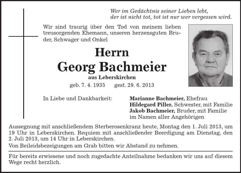 Traueranzeige Georg Bachmeier