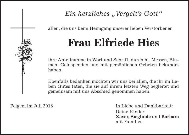 Traueranzeige Elfriede Hies
