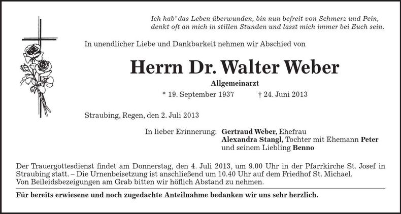 Traueranzeige Walter Dr. Weber
