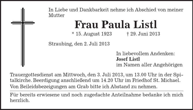 Traueranzeige Paula Listl