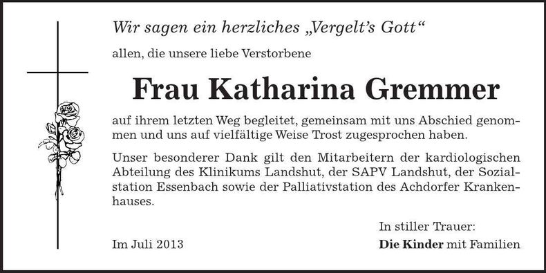 Traueranzeige Katharina Gremmer