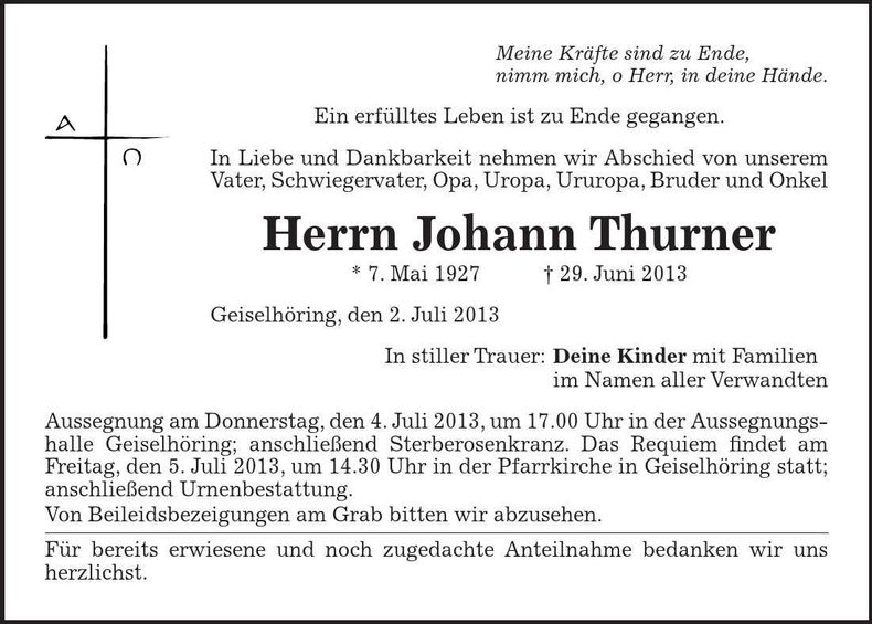 Traueranzeige Johann Thurner
