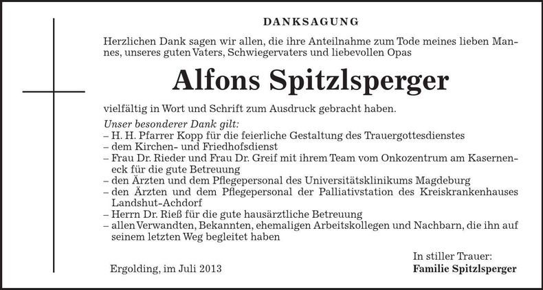 Traueranzeige Alfons Spitzlsperger