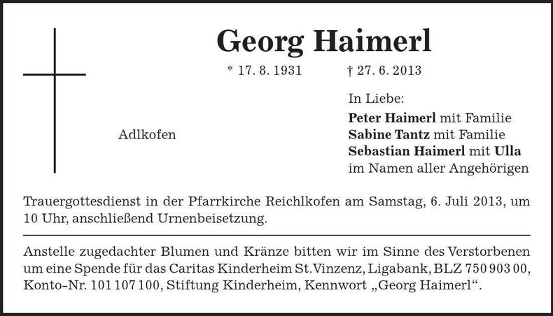 Traueranzeige Georg Haimerl