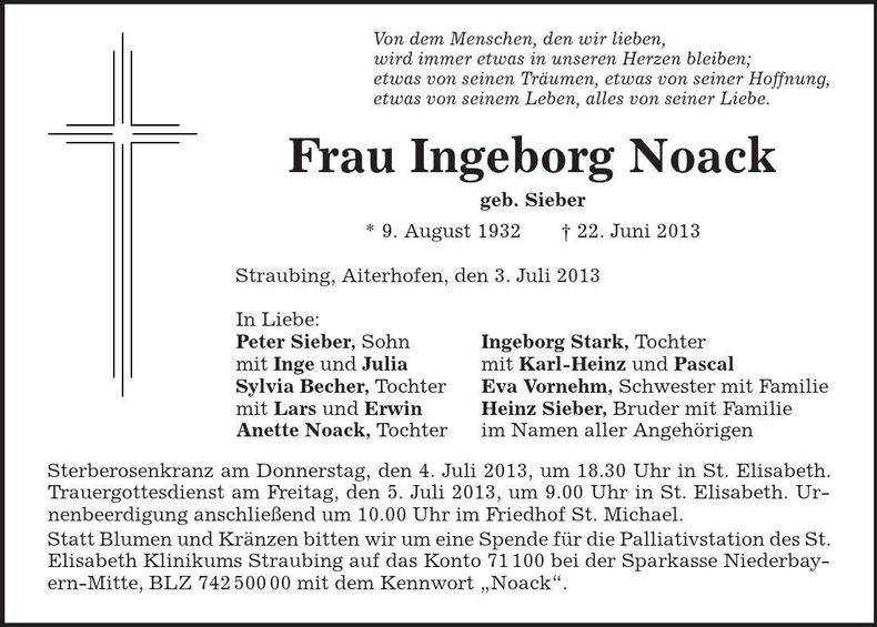 Traueranzeige Ingeborg Noack