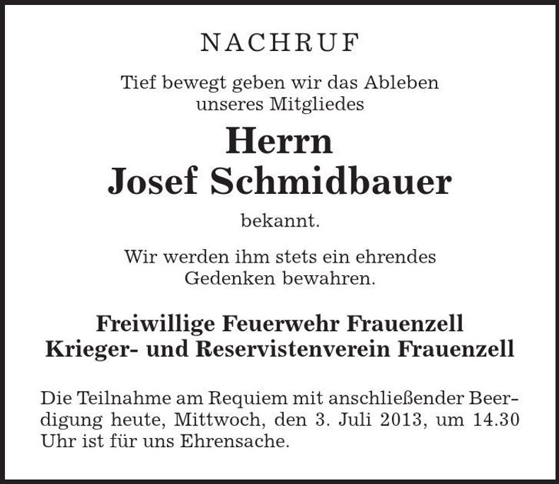 Traueranzeige Josef Schmidbauer