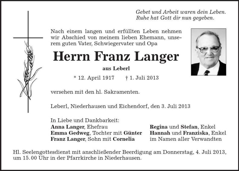Traueranzeige  Langer