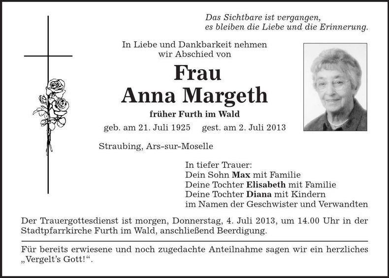 Traueranzeige Anna Margeth