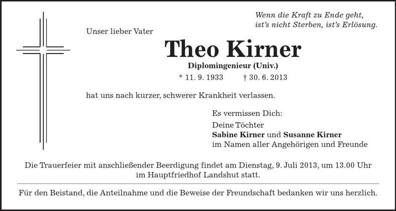Traueranzeige Theo Kirner