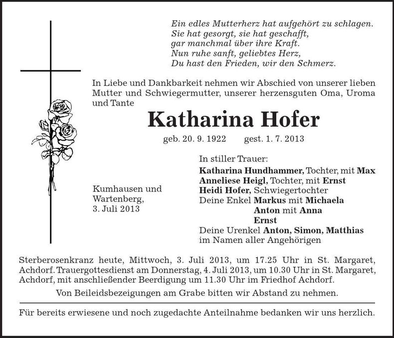 Traueranzeige Katharina Hofer