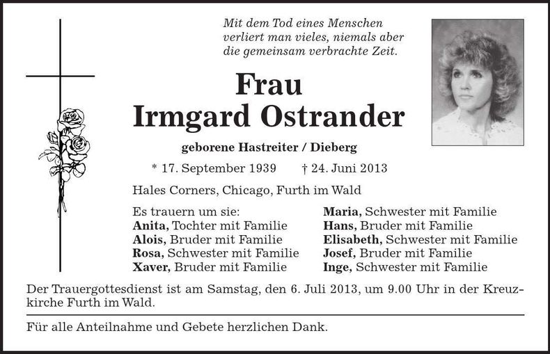 Traueranzeige Irmgard Ostrander