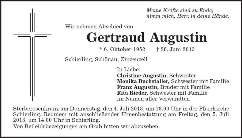 Traueranzeige Gertraud Augustin