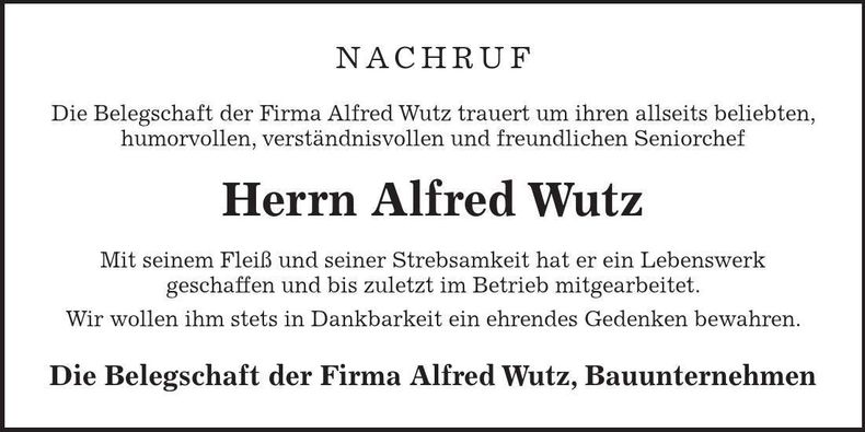 Traueranzeige Alfred Wutz