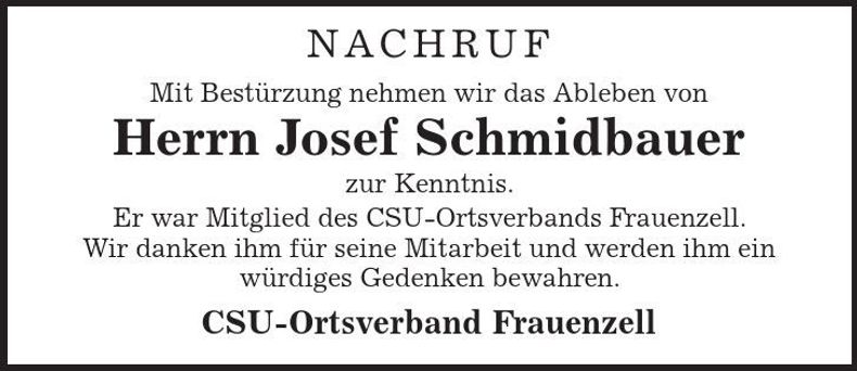 Traueranzeige Josef Schmidbauer