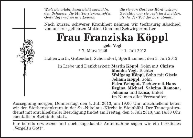 Traueranzeige Franziska Köppl