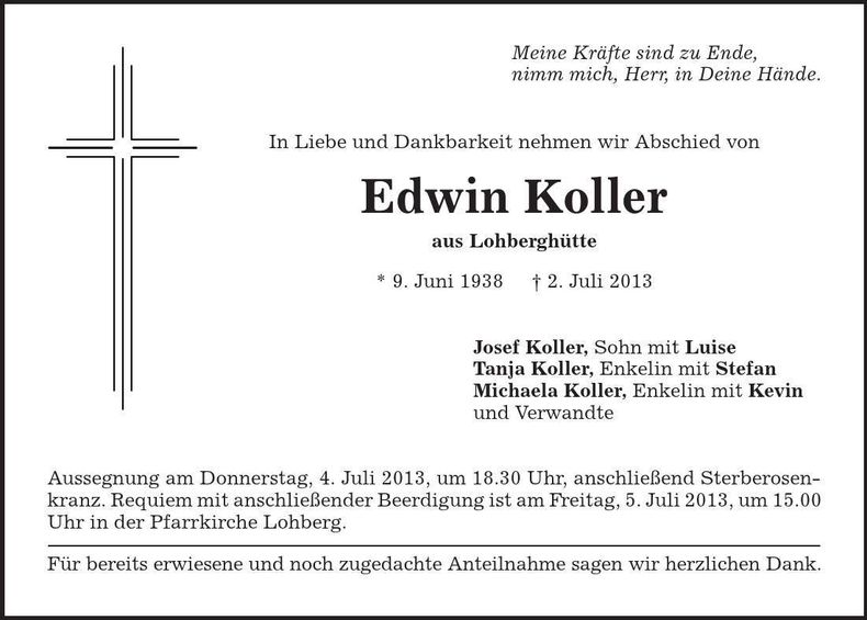 Traueranzeige Edwin Koller